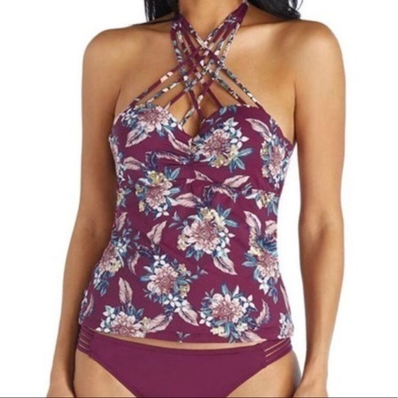 Ambrielle Tankini Top Burgundy Floral Tropical Strappy Halter Strapless Push-up - Picture 1 of 7